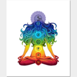 The illuminated woman with chakras in the lotus position Posters and Art